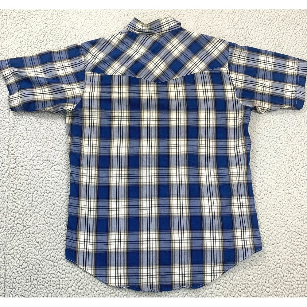 Plains Western Wear Shirt Mens M Blue‎ Plaid Pearl Snap Short Sleeve Yoke